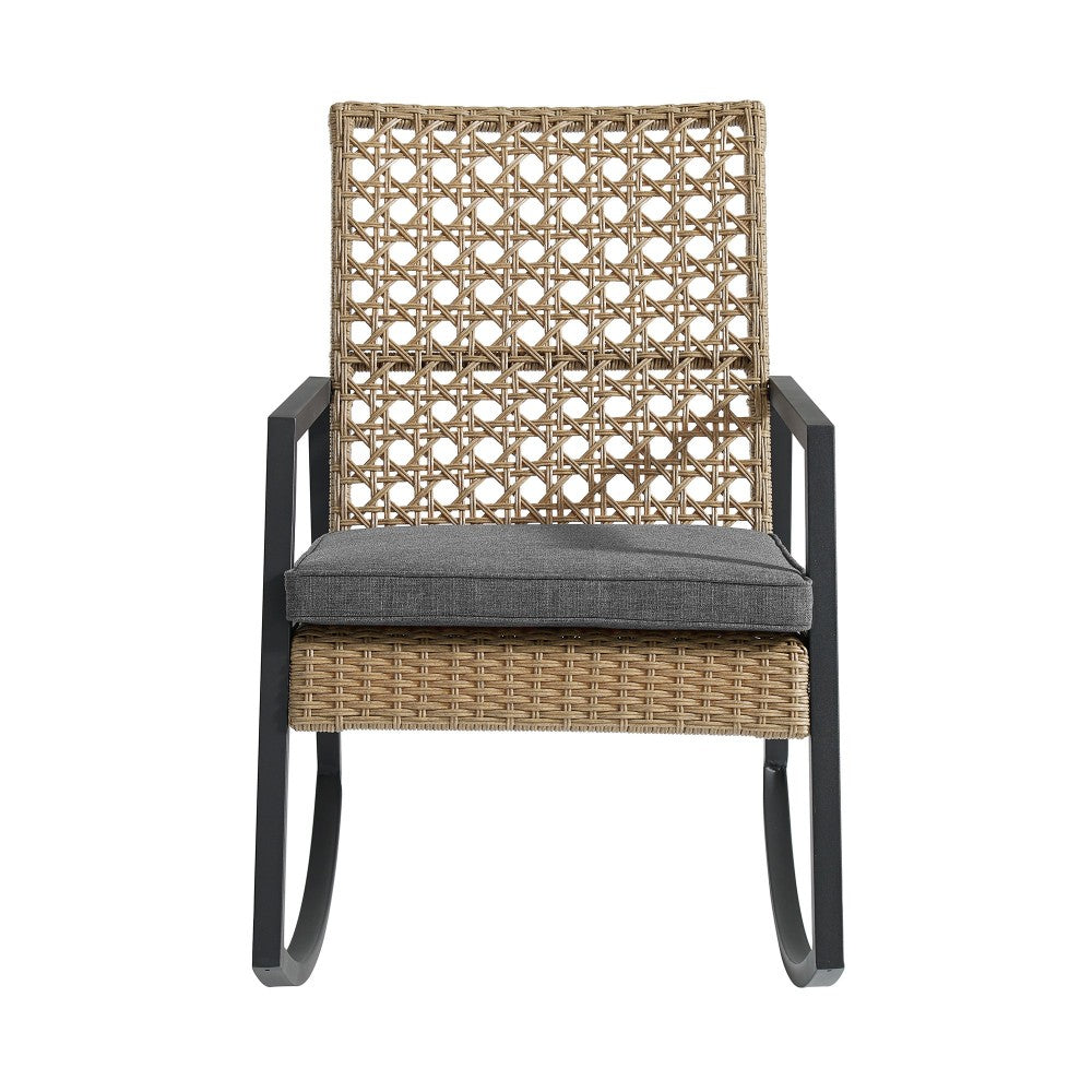 Liza Modern Patio Cane Weave Rattan Rocking Chair - Light Brown/Gray