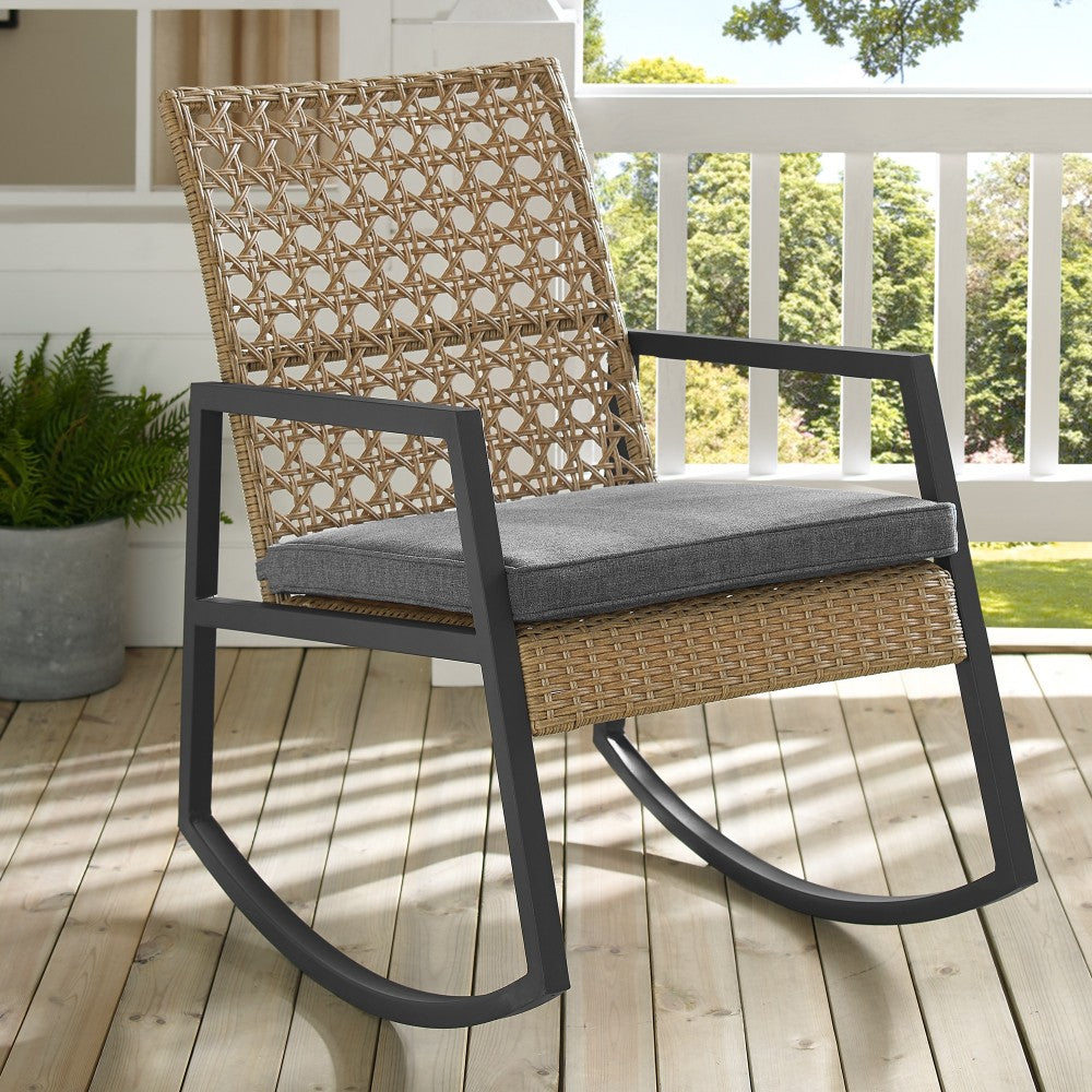 Liza Modern Patio Cane Weave Rattan Rocking Chair - Light Brown/Gray
