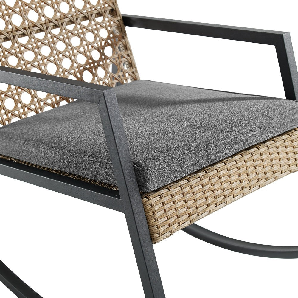Liza Modern Patio Cane Weave Rattan Rocking Chair - Light Brown/Gray