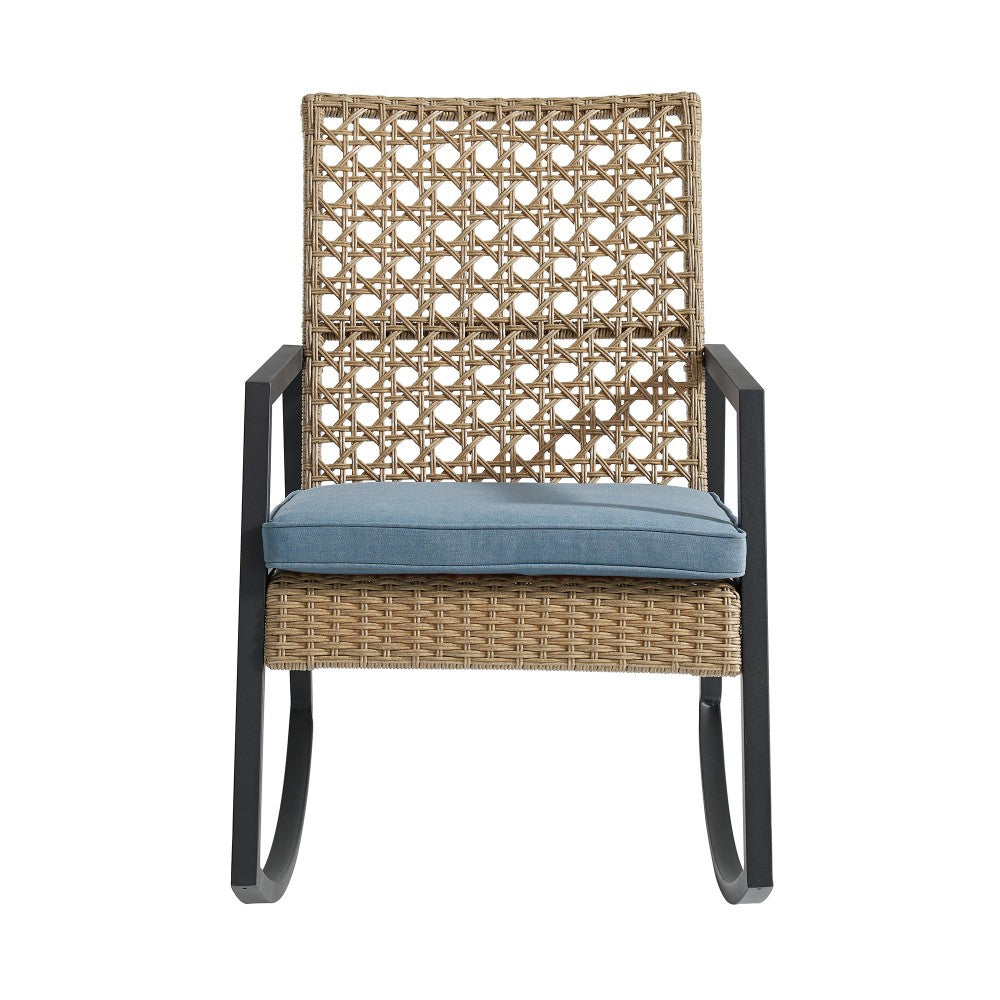 Liza Modern Patio Cane Weave Rattan Rocking Chair - Light Brown/Blue