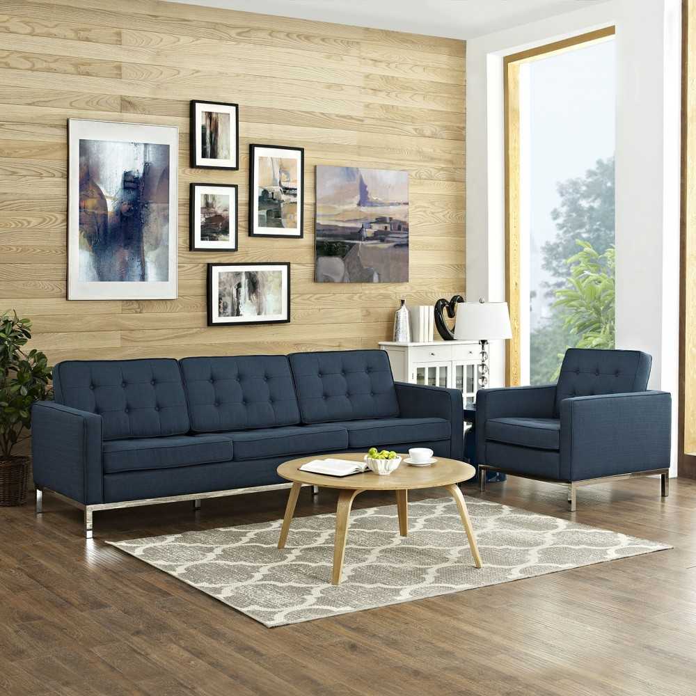 Loft 2 Piece Upholstered Fabric Sofa and Armchair Set, Azure