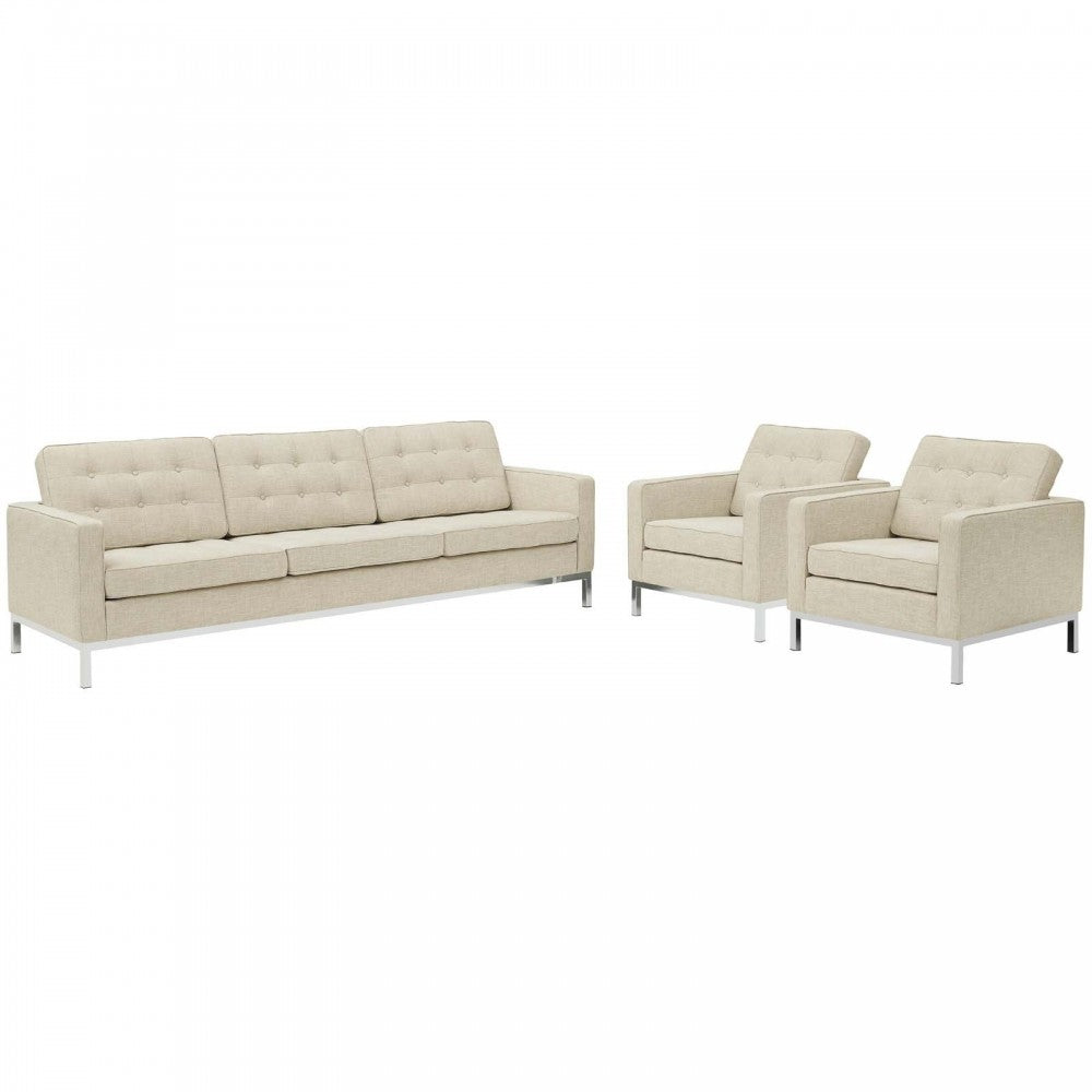 Loft 3 Piece Upholstered Fabric Sofa and Armchair Set, Beige