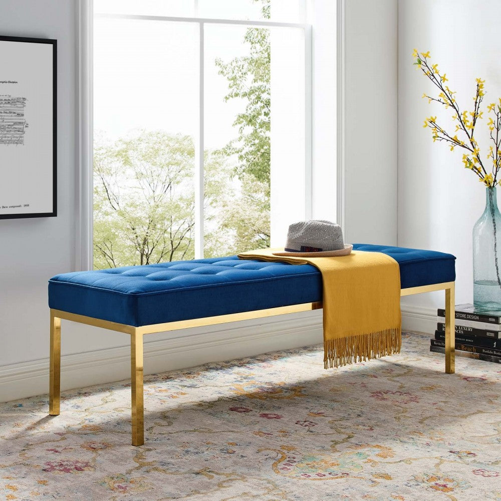 Loft Gold Stainless Steel Leg Large Performance Velvet Bench, Gold Navy
