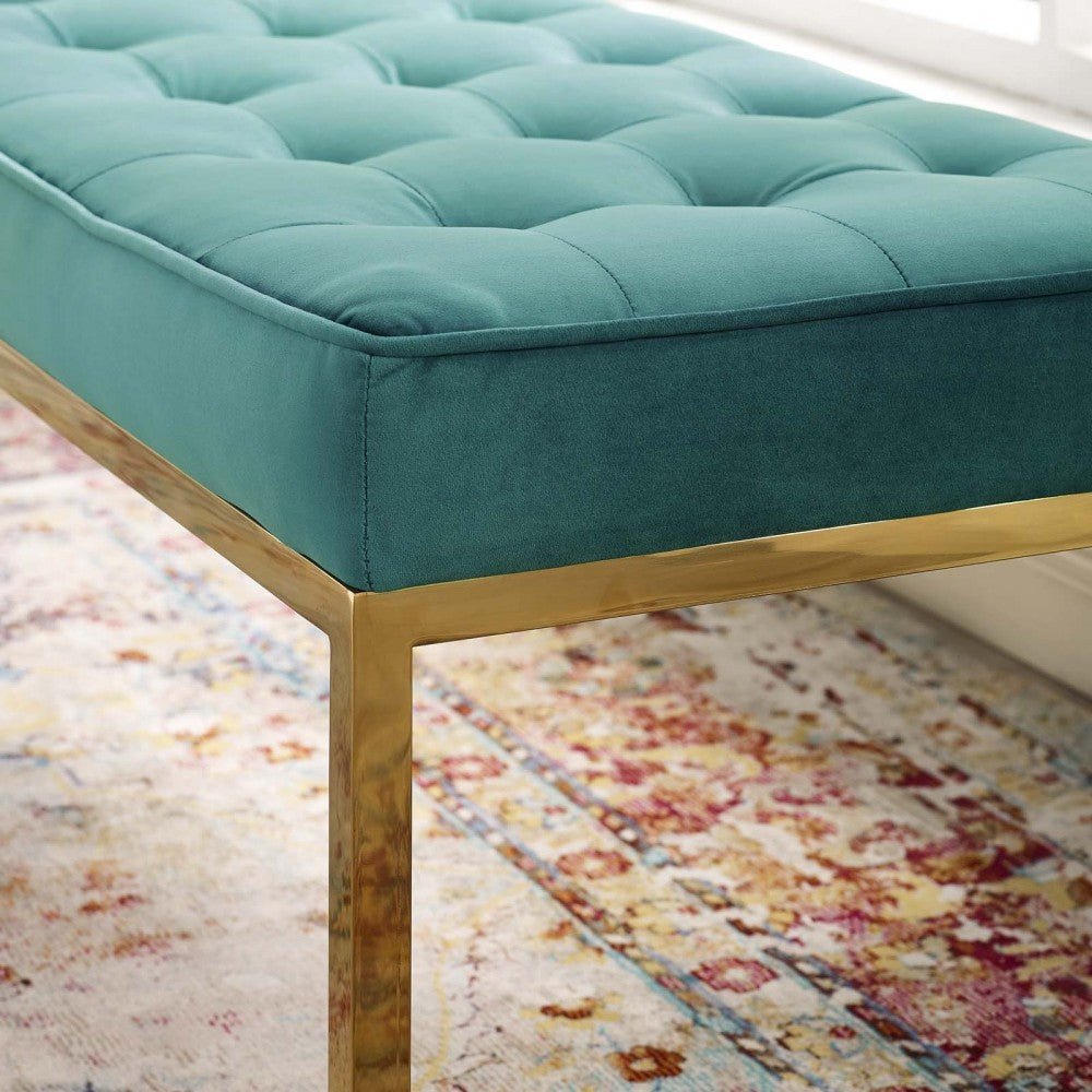 Loft Gold Stainless Steel Leg Large Performance Velvet Bench, Gold Teal