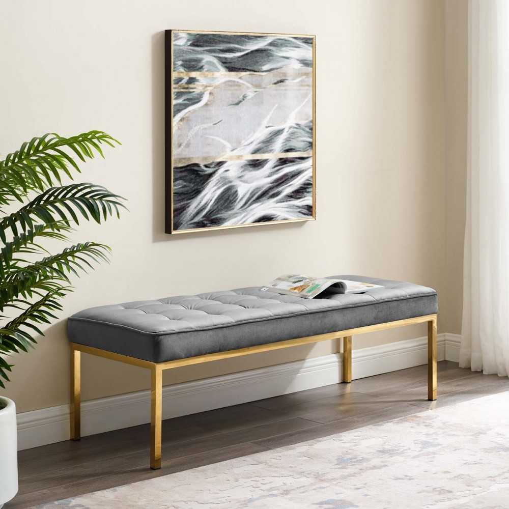 Loft Gold Stainless Steel Leg Large Performance Velvet Bench, Gold Gray