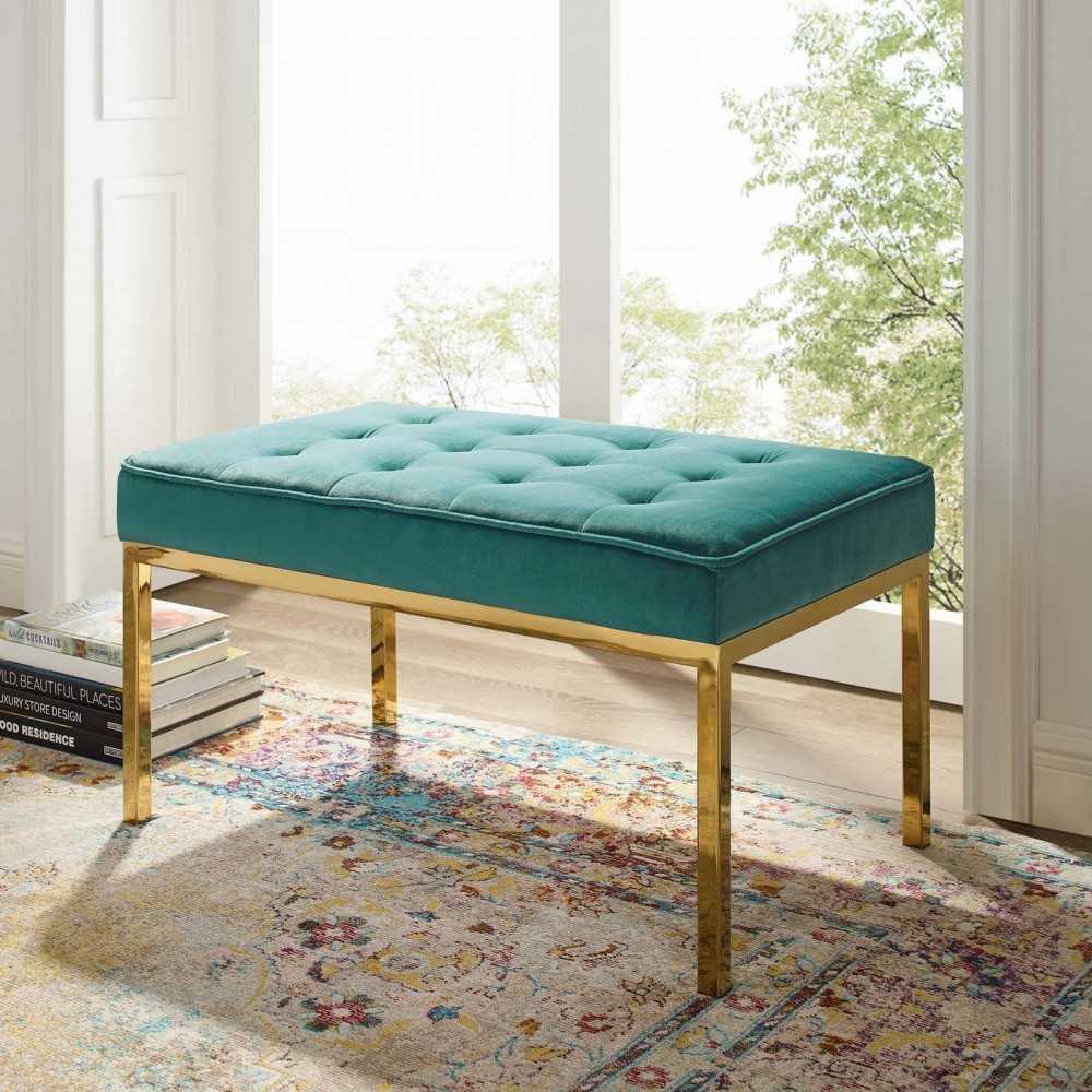 Loft Gold Stainless Steel Leg Medium Performance Velvet Bench, Gold Teal