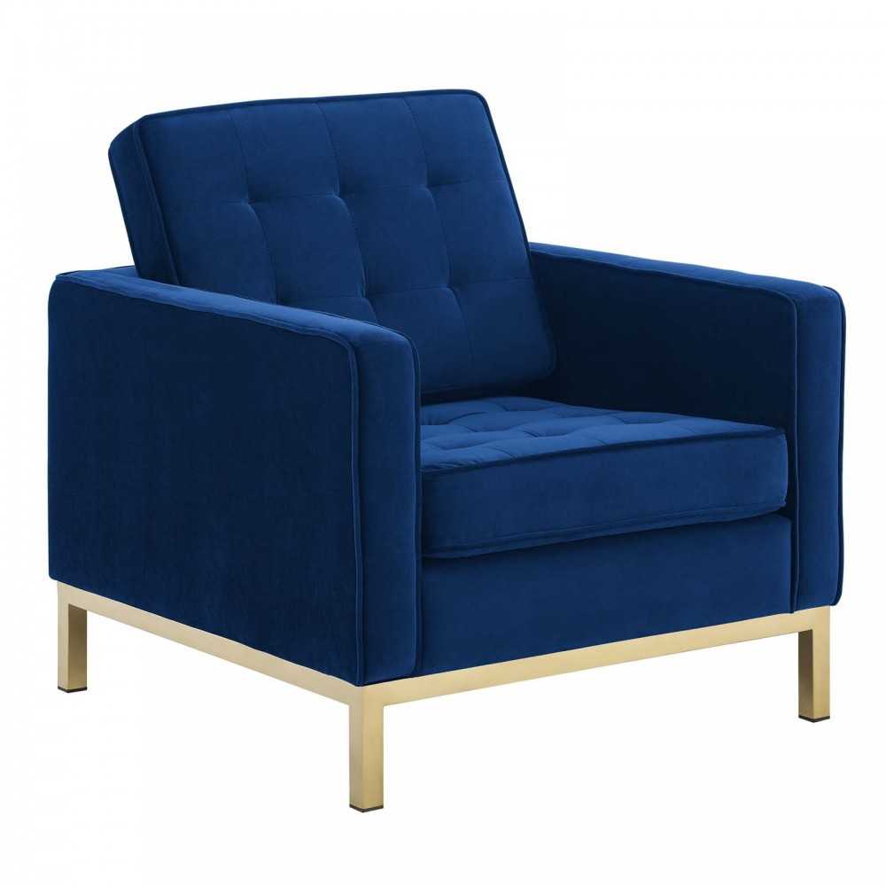 Loft Gold Stainless Steel Leg Performance Velvet Sofa and Armchair Set, Gold Navy