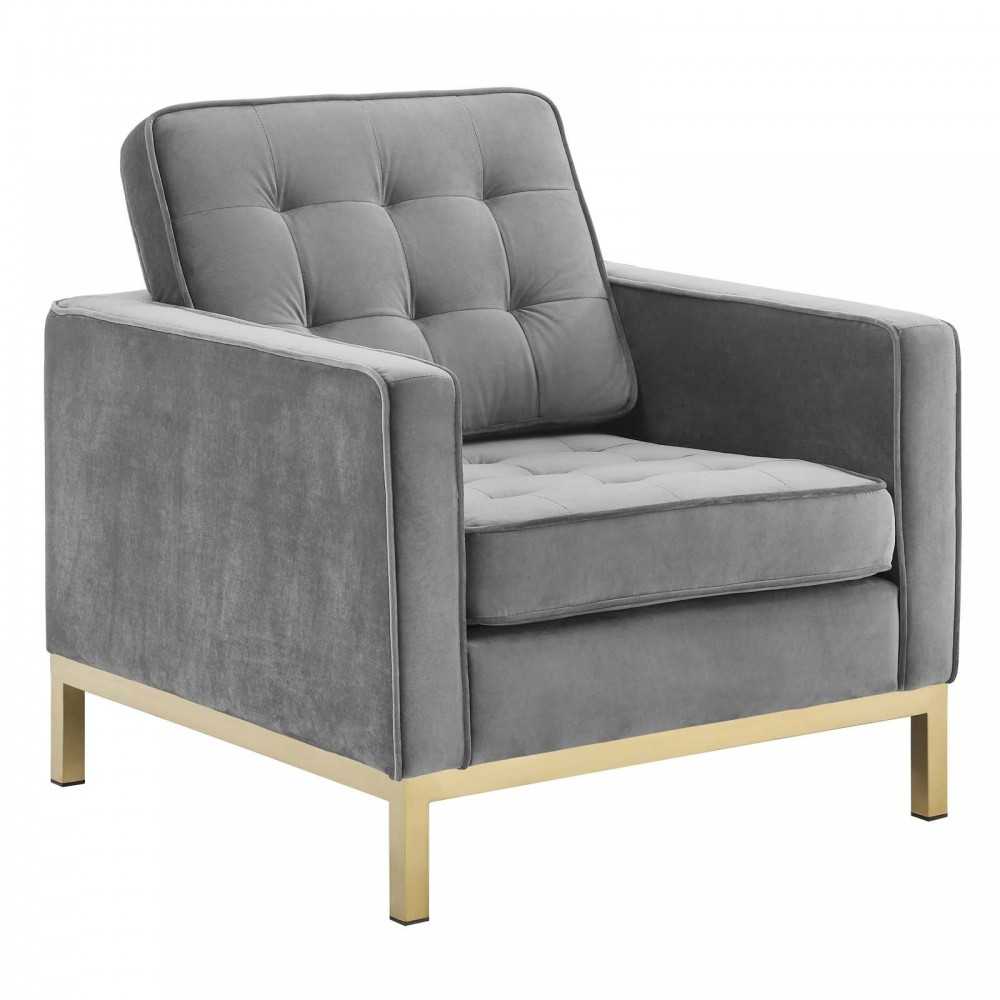 Loft Gold Stainless Steel Leg Performance Velvet Sofa and Armchair Set, Gold Gray