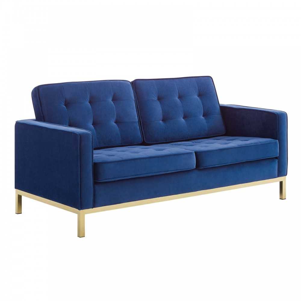 Loft Gold Stainless Steel Leg Performance Velvet Sofa and Loveseat Set, Gold Navy