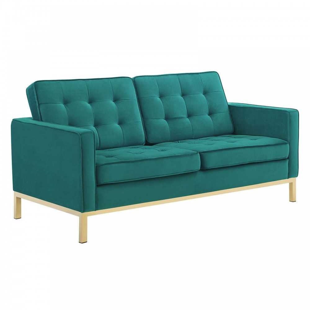 Loft Gold Stainless Steel Leg Performance Velvet Sofa and Loveseat Set, Gold Teal