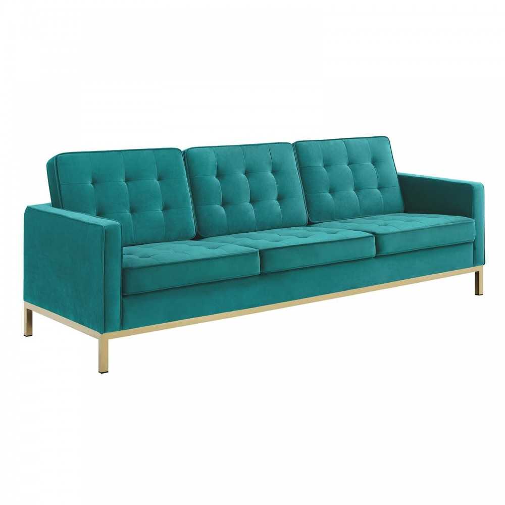 Loft Gold Stainless Steel Leg Performance Velvet Sofa and Loveseat Set, Gold Teal