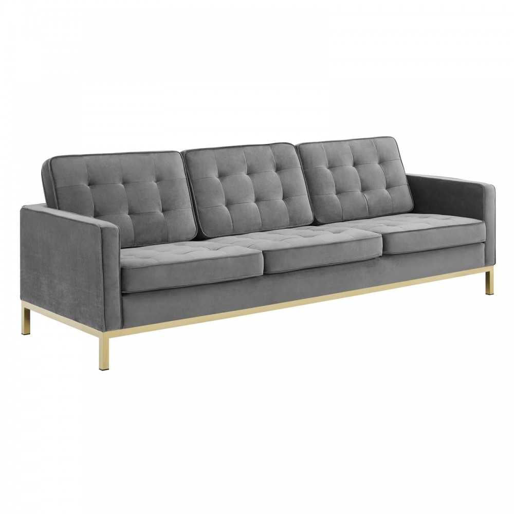 Loft Gold Stainless Steel Leg Performance Velvet Sofa and Loveseat Set, Gold Gray