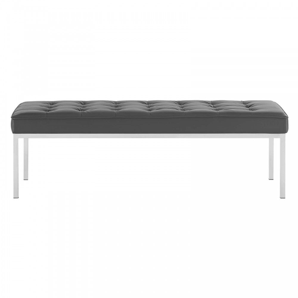 Loft Tufted Large Upholstered Faux Leather Bench, Silver Gray