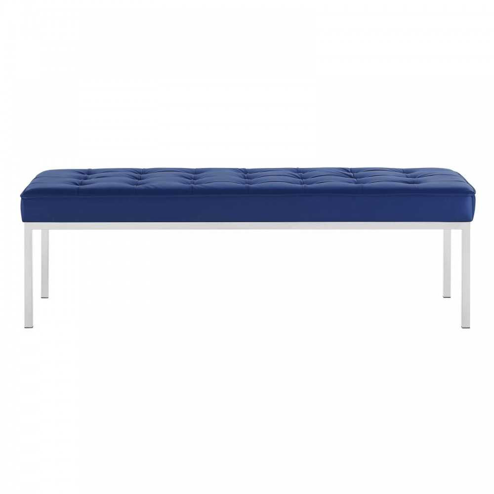 Loft Tufted Large Upholstered Faux Leather Bench, Silver Navy