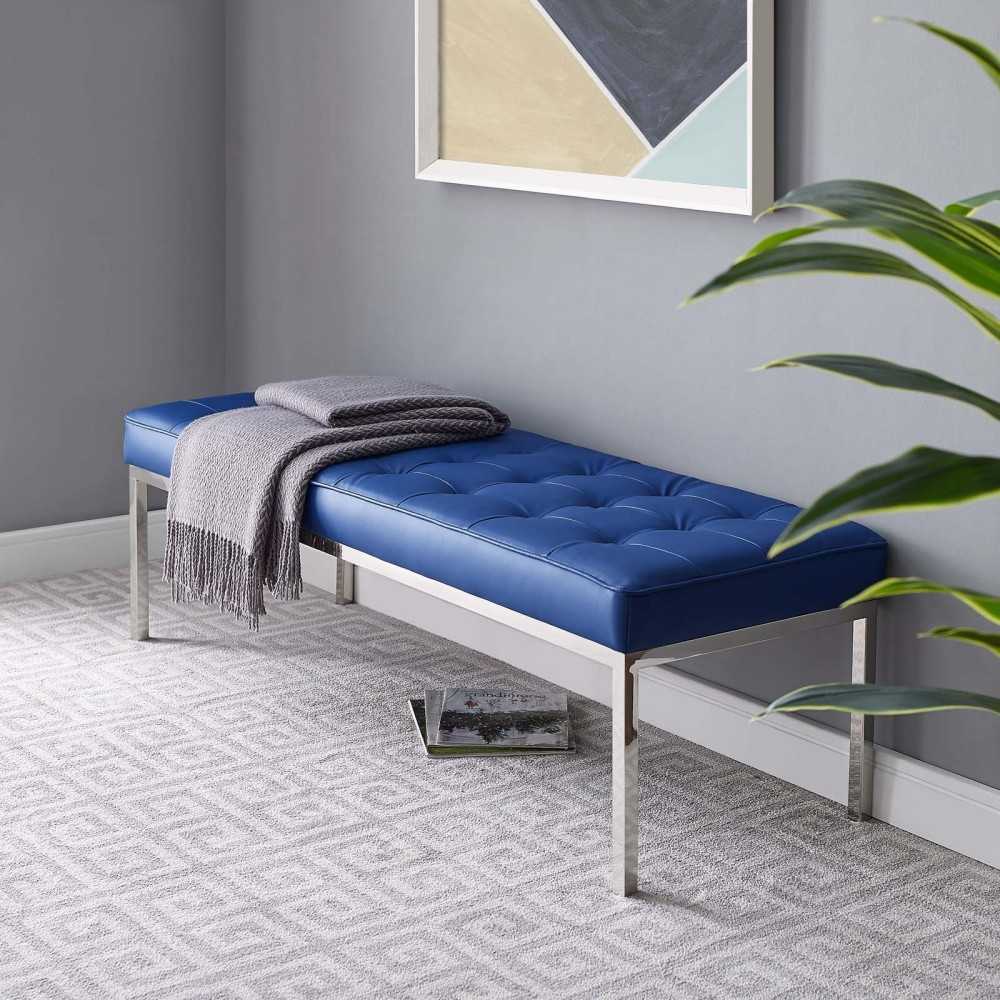Loft Tufted Large Upholstered Faux Leather Bench, Silver Navy