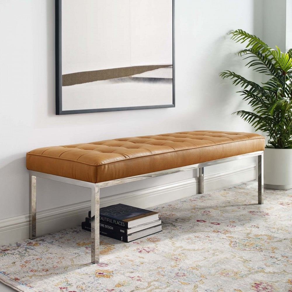 Loft Tufted Large Upholstered Faux Leather Bench, Silver Tan