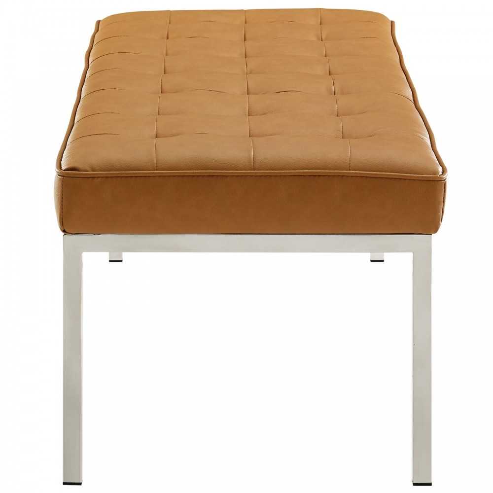 Loft Tufted Large Upholstered Faux Leather Bench, Silver Tan