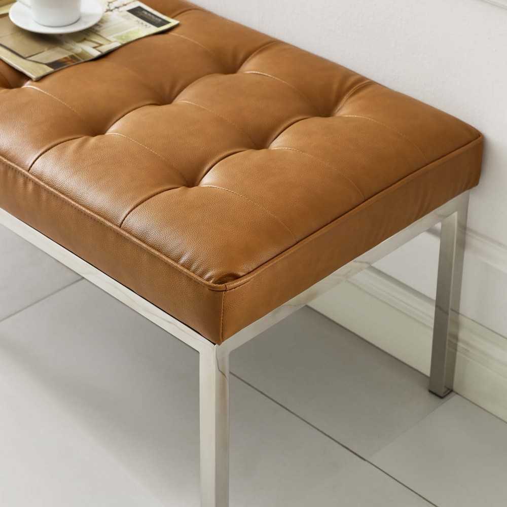Loft Tufted Large Upholstered Faux Leather Bench, Silver Tan