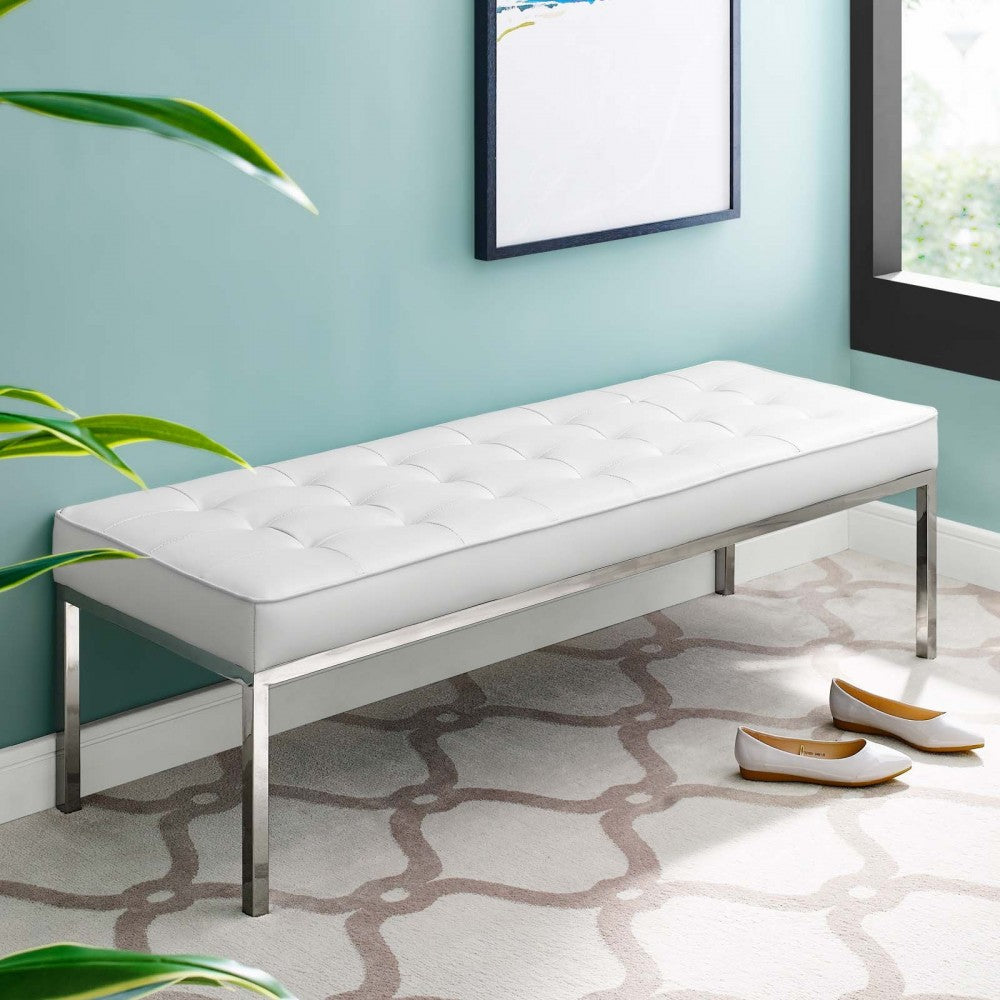 Loft Tufted Large Upholstered Faux Leather Bench, Silver White