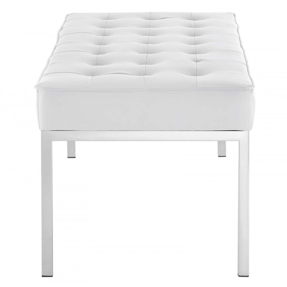 Loft Tufted Large Upholstered Faux Leather Bench, Silver White