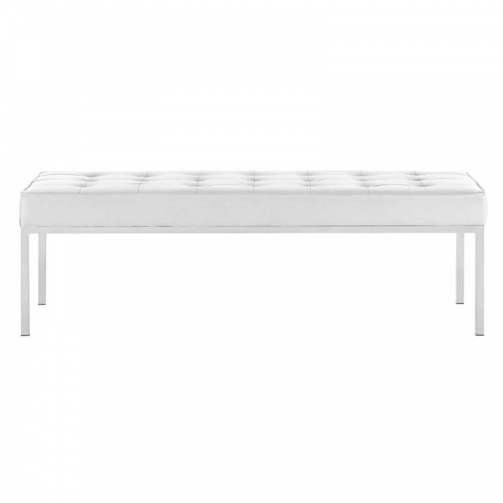Loft Tufted Large Upholstered Faux Leather Bench, Silver White