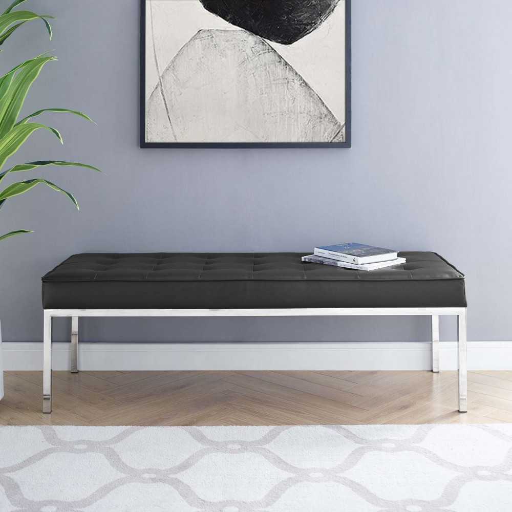 Loft Tufted Large Upholstered Faux Leather Bench, Silver Black
