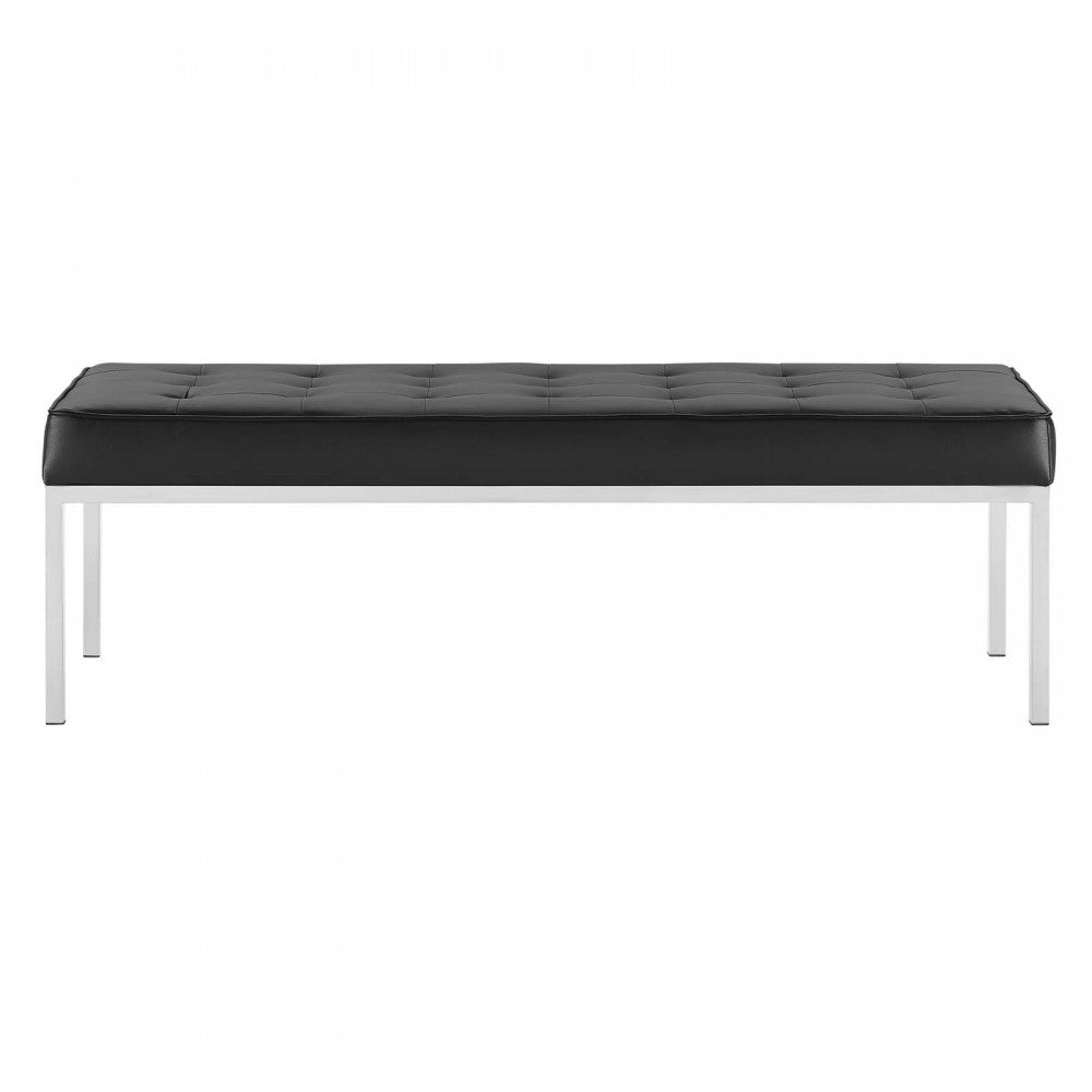 Loft Tufted Large Upholstered Faux Leather Bench, Silver Black