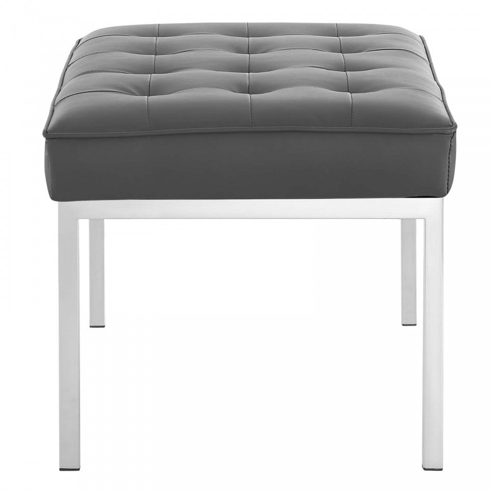 Loft Tufted Medium Upholstered Faux Leather Bench, Silver Gray