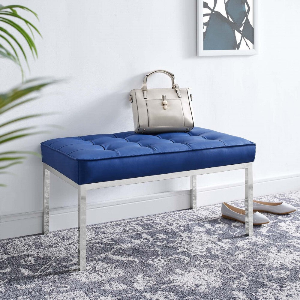 Loft Tufted Medium Upholstered Faux Leather Bench, Silver Navy