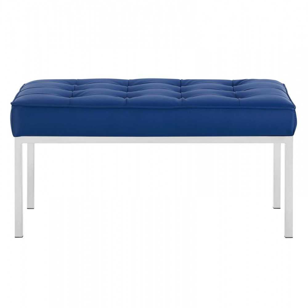 Loft Tufted Medium Upholstered Faux Leather Bench, Silver Navy