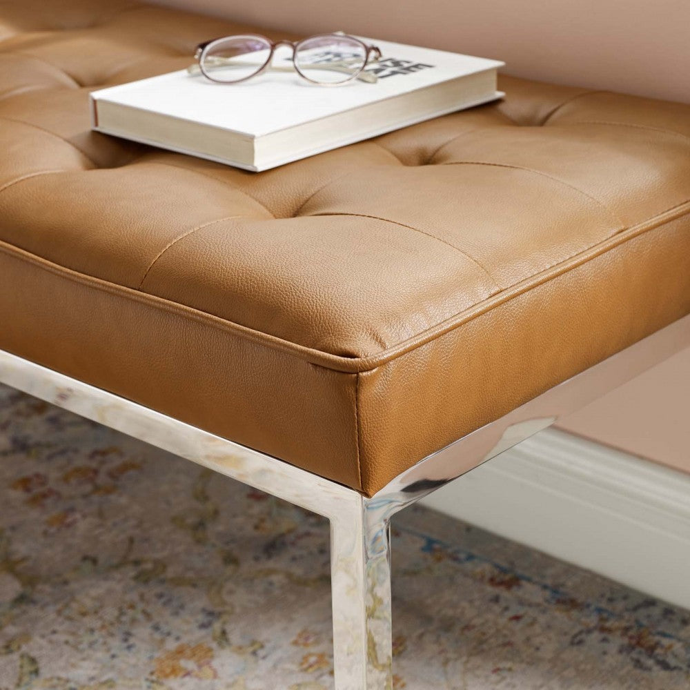 Loft Tufted Medium Upholstered Faux Leather Bench, Silver Tan
