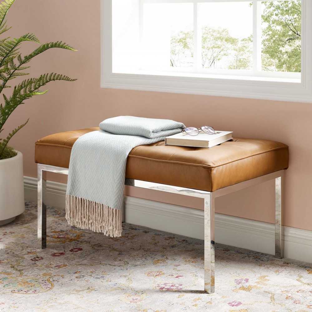 Loft Tufted Medium Upholstered Faux Leather Bench, Silver Tan