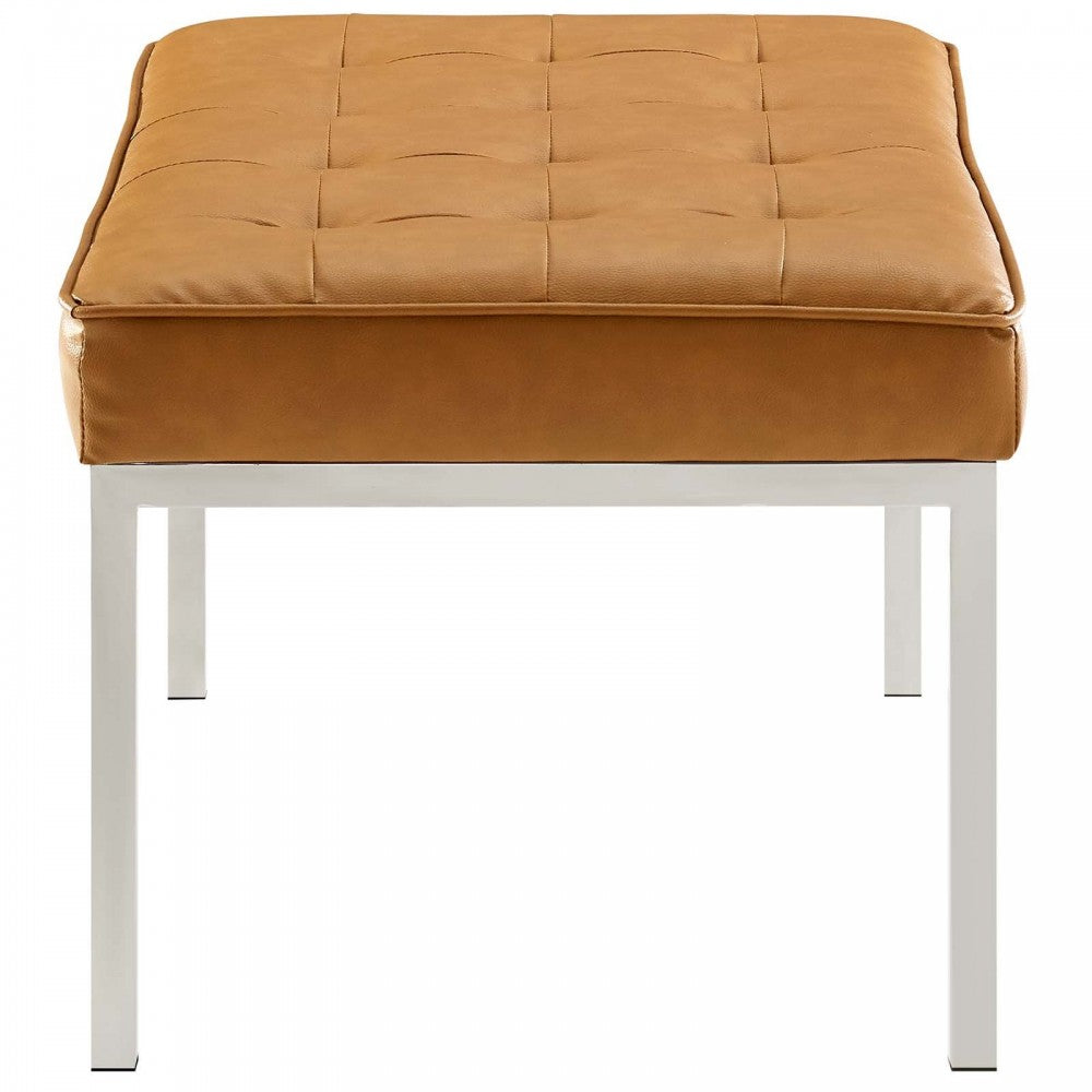Loft Tufted Medium Upholstered Faux Leather Bench, Silver Tan