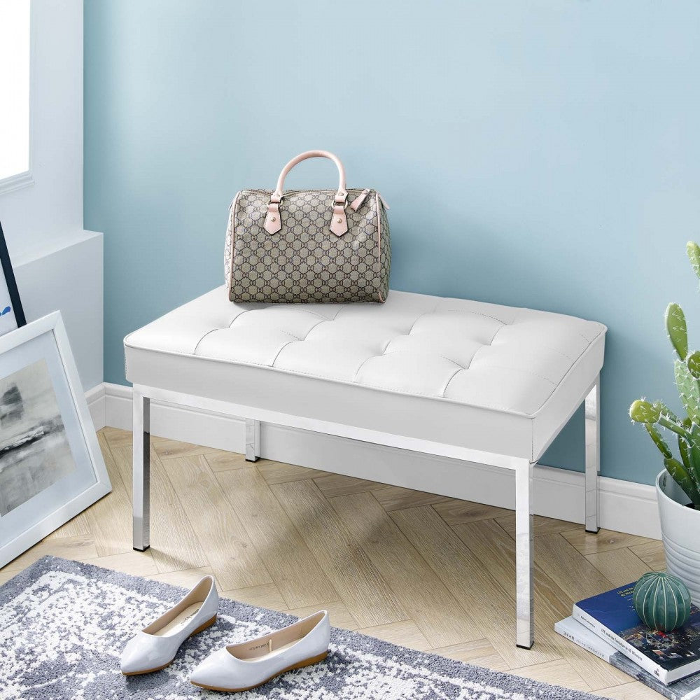 Loft Tufted Medium Upholstered Faux Leather Bench, Silver White
