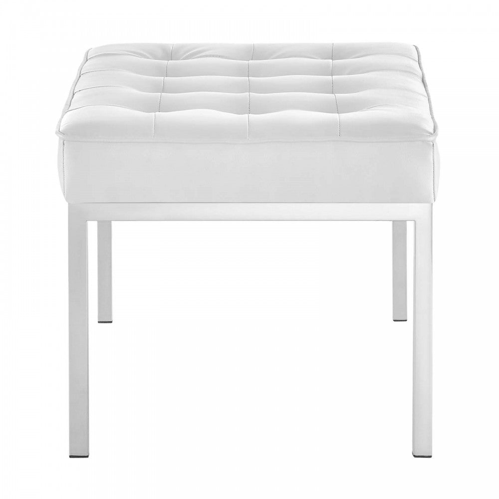 Loft Tufted Medium Upholstered Faux Leather Bench, Silver White