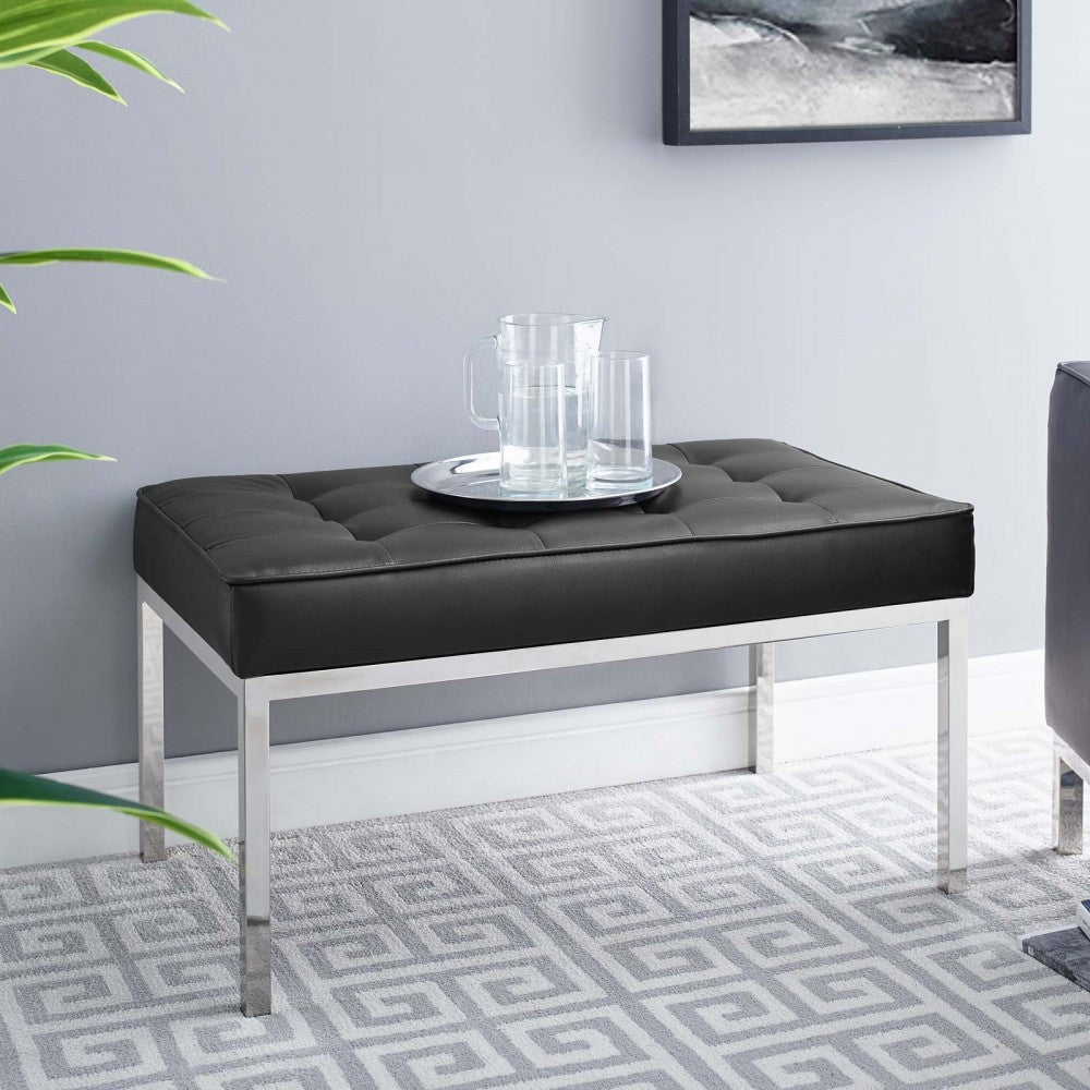 Loft Tufted Medium Upholstered Faux Leather Bench, Silver Black