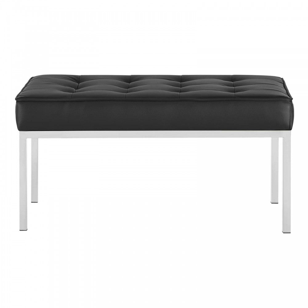 Loft Tufted Medium Upholstered Faux Leather Bench, Silver Black