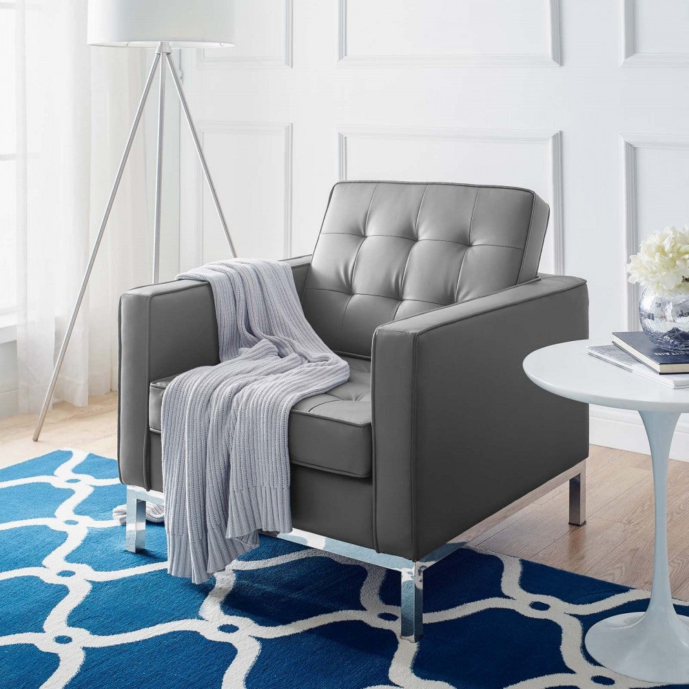 Loft Tufted Upholstered Faux Leather Armchair, Silver Gray