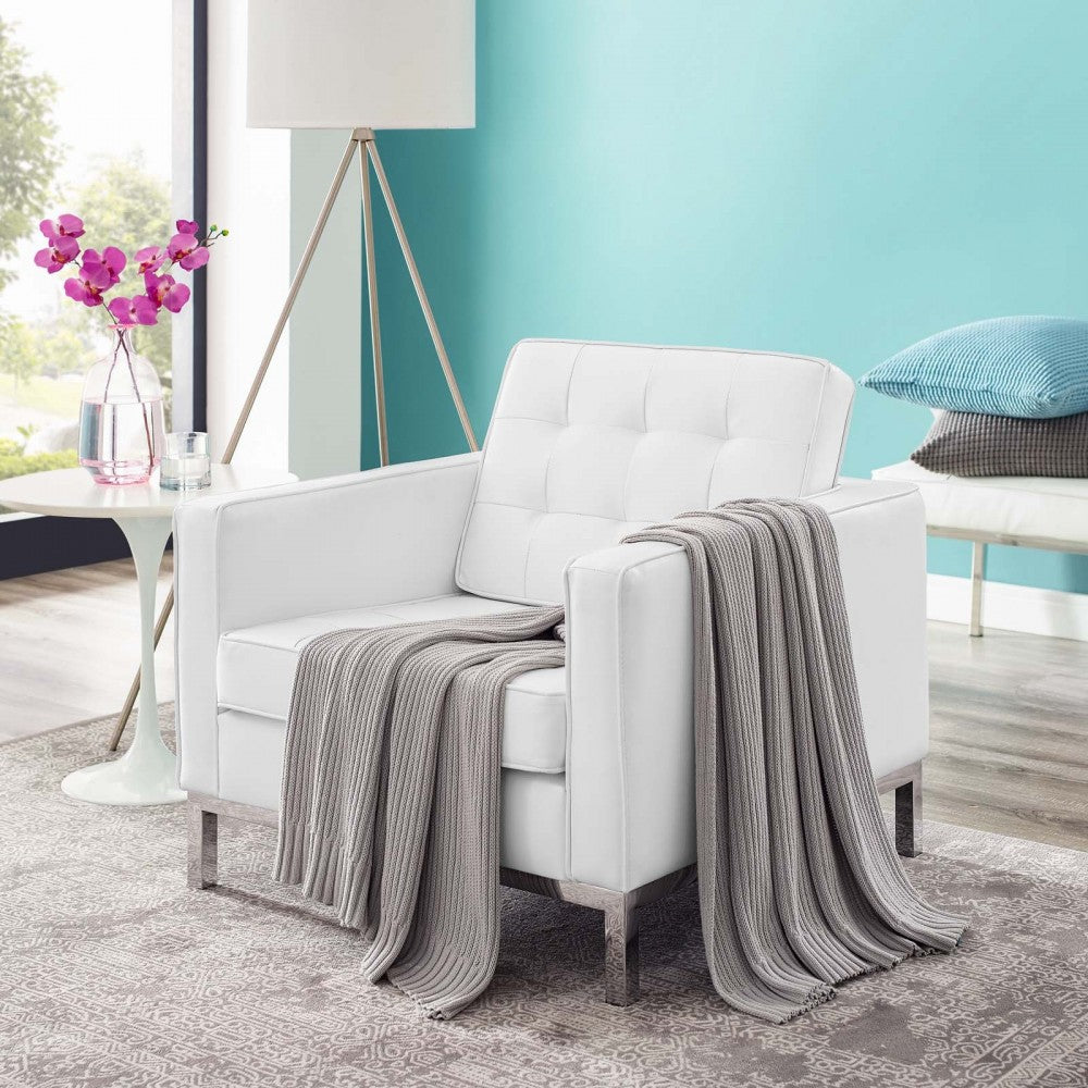 Loft Tufted Upholstered Faux Leather Armchair, Silver White