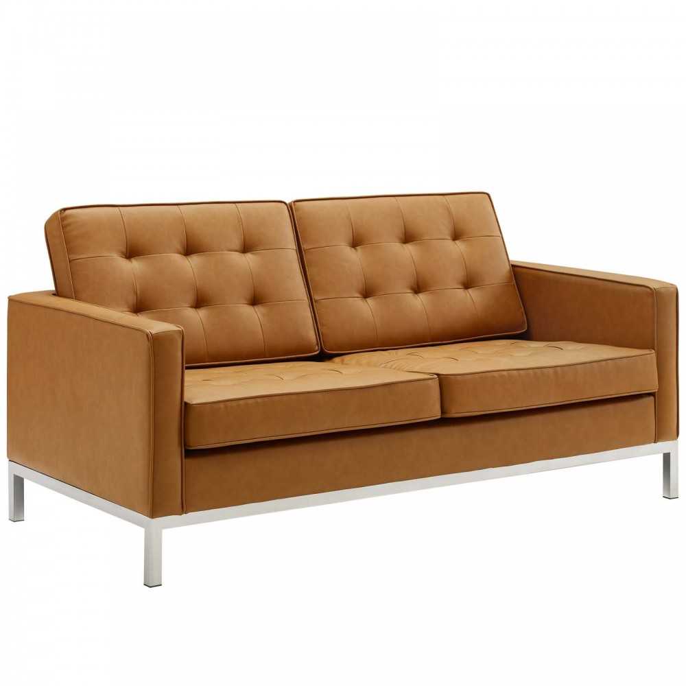 Loft Tufted Upholstered Faux Leather Loveseat and Armchair Set, Silver Tan