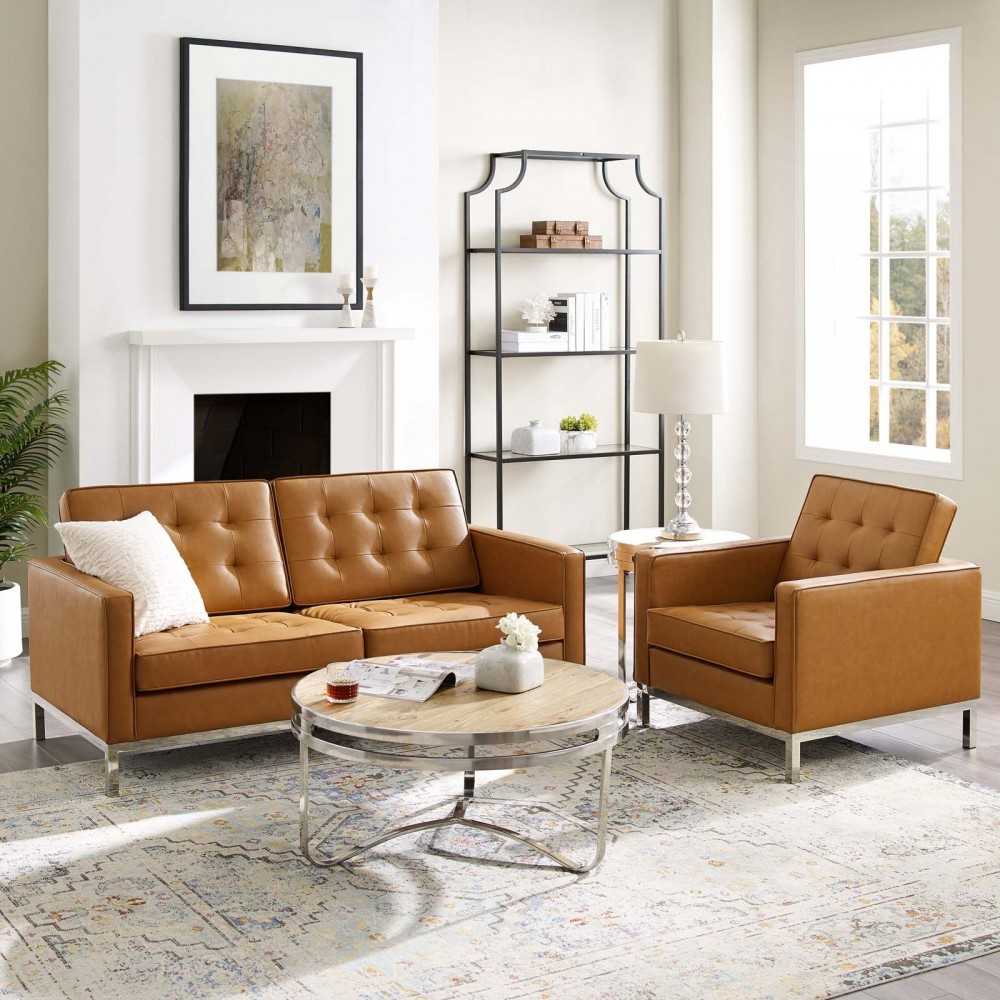 Loft Tufted Upholstered Faux Leather Loveseat and Armchair Set, Silver Tan