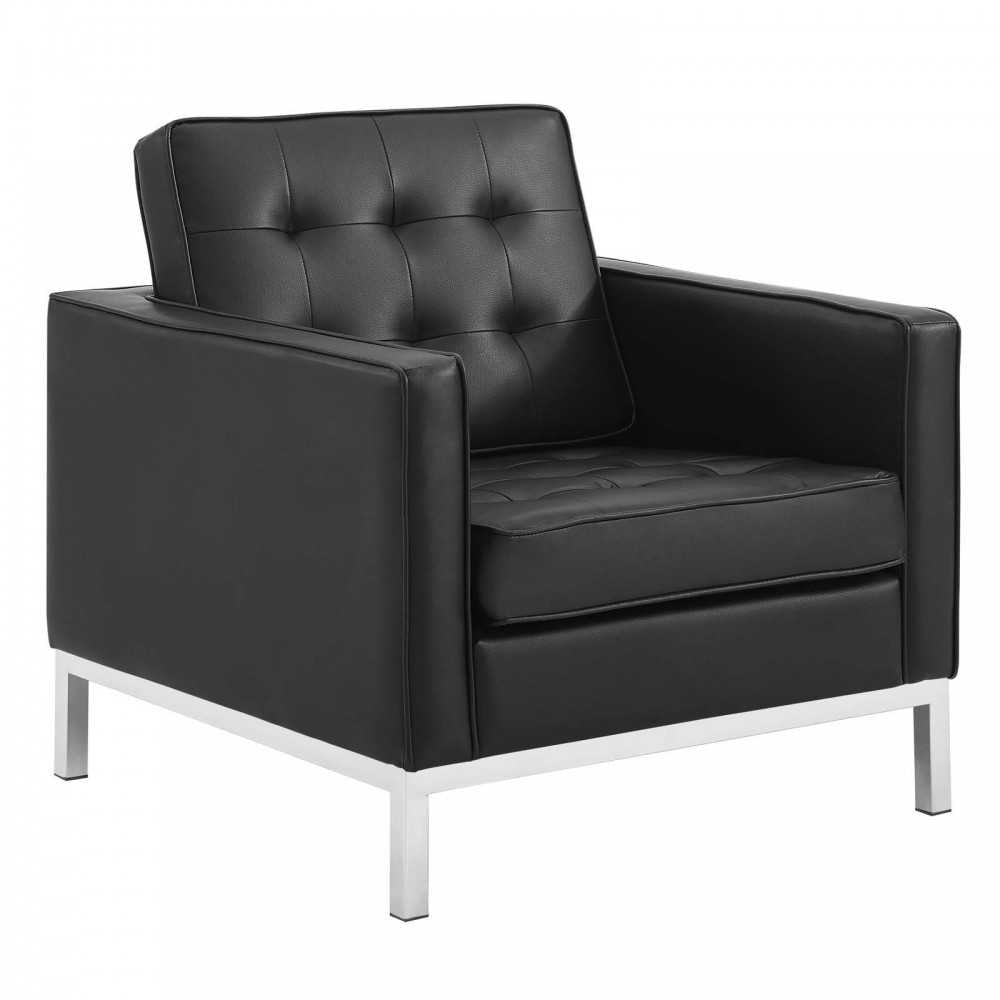 Loft Tufted Upholstered Faux Leather Loveseat and Armchair Set, Silver Black
