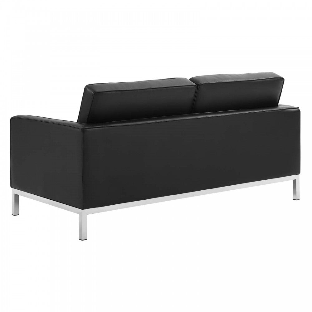 Loft Tufted Upholstered Faux Leather Loveseat and Armchair Set, Silver Black