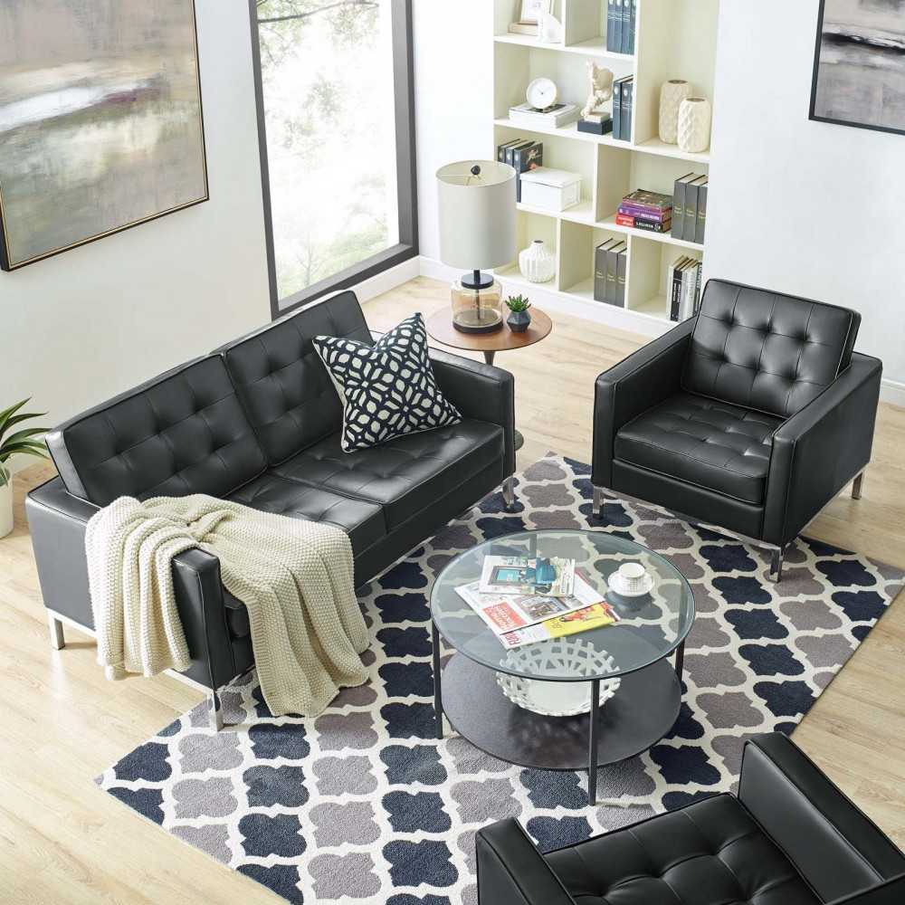 Loft Tufted Upholstered Faux Leather Loveseat and Armchair Set, Silver Black