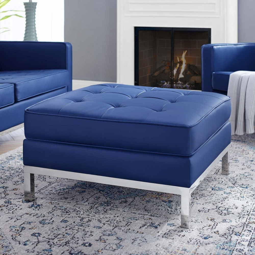Loft Tufted Upholstered Faux Leather Ottoman, Silver Navy