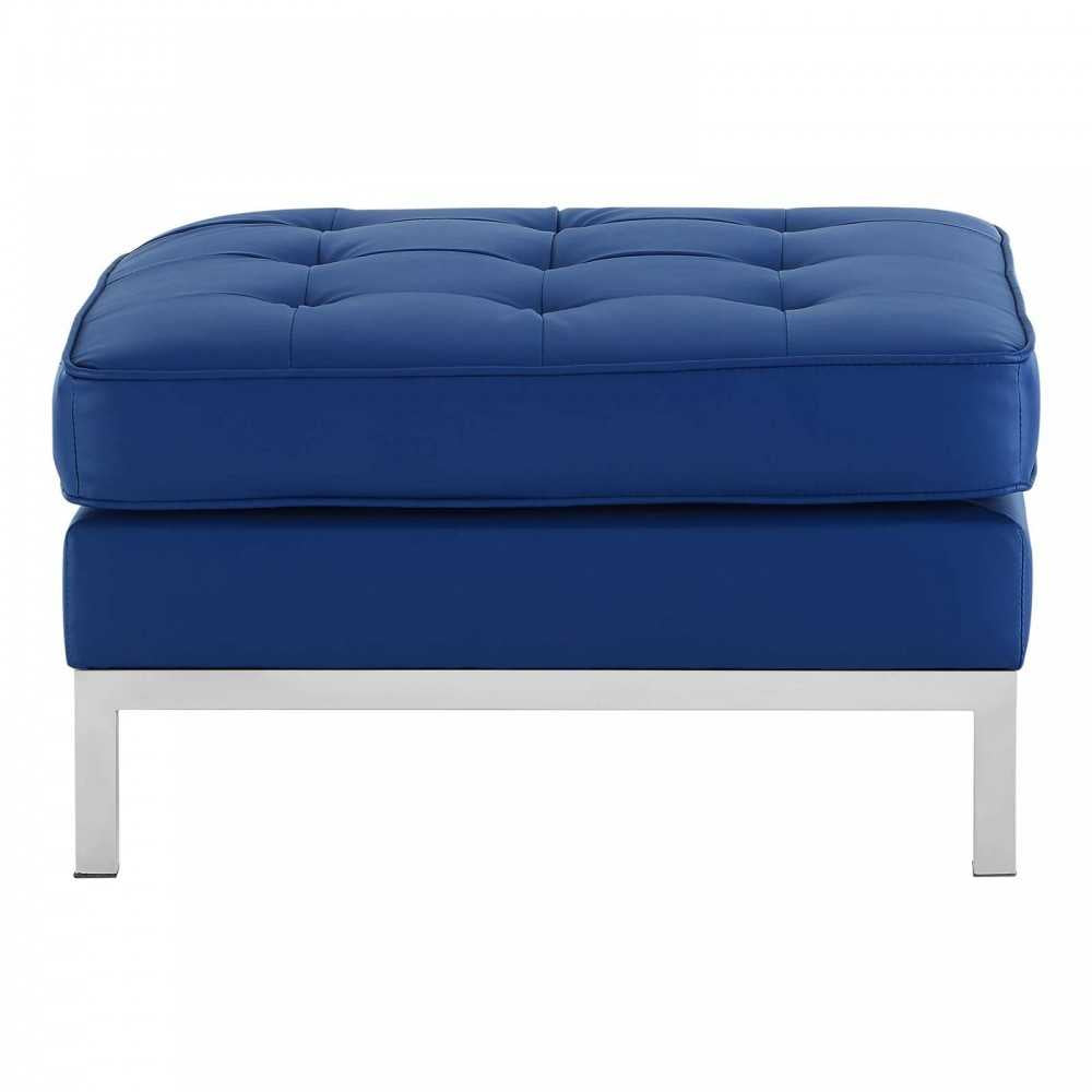 Loft Tufted Upholstered Faux Leather Ottoman, Silver Navy