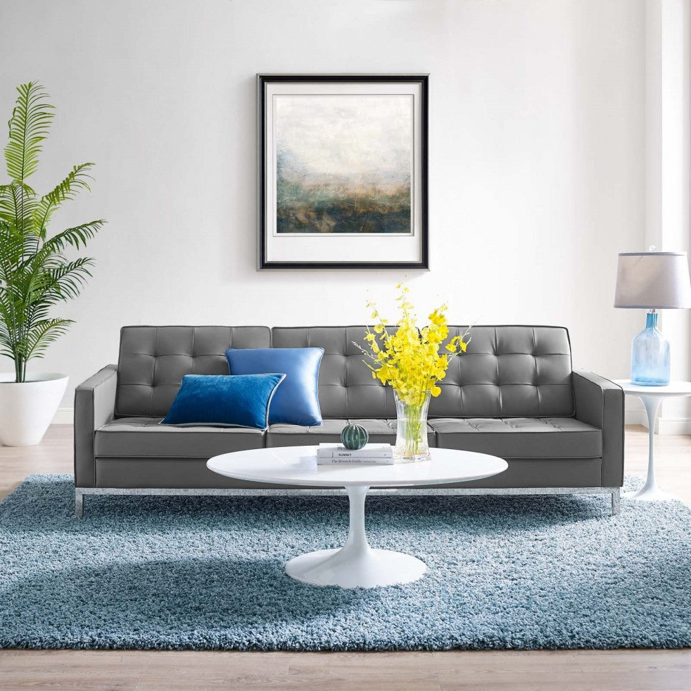 Loft Tufted Upholstered Faux Leather Sofa, Silver Gray