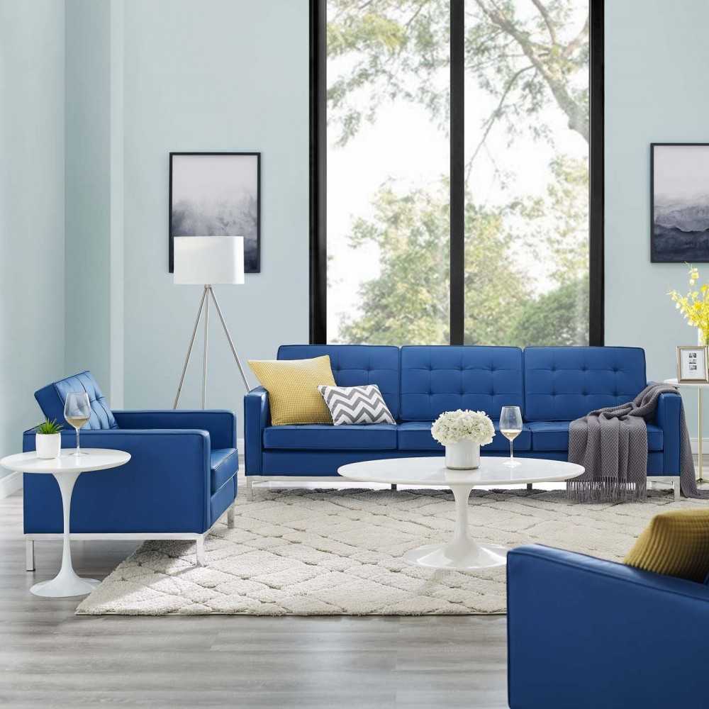 Loft Tufted Upholstered Faux Leather Sofa and Armchair Set, Silver Navy