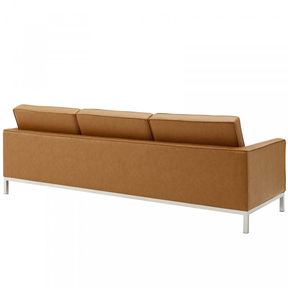 Loft Tufted Upholstered Faux Leather Sofa and Armchair Set, Silver Tan