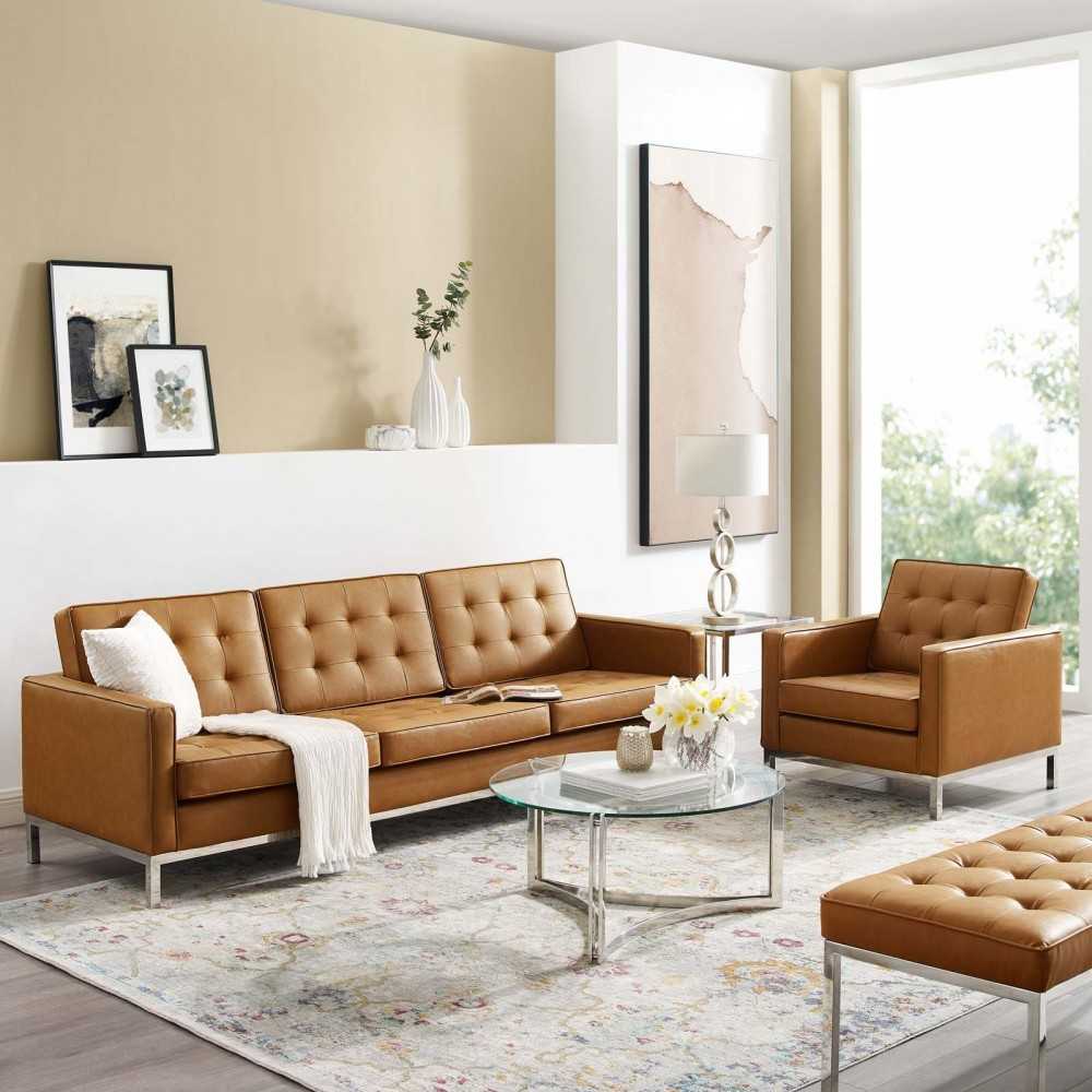 Loft Tufted Upholstered Faux Leather Sofa and Armchair Set, Silver Tan